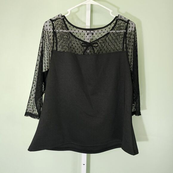 Unique Vintage Black Polka Dot Mesh 3/4 Sleeve Fitted Blouse Cherry Brooch 1X 16 - Picture 6 of 6